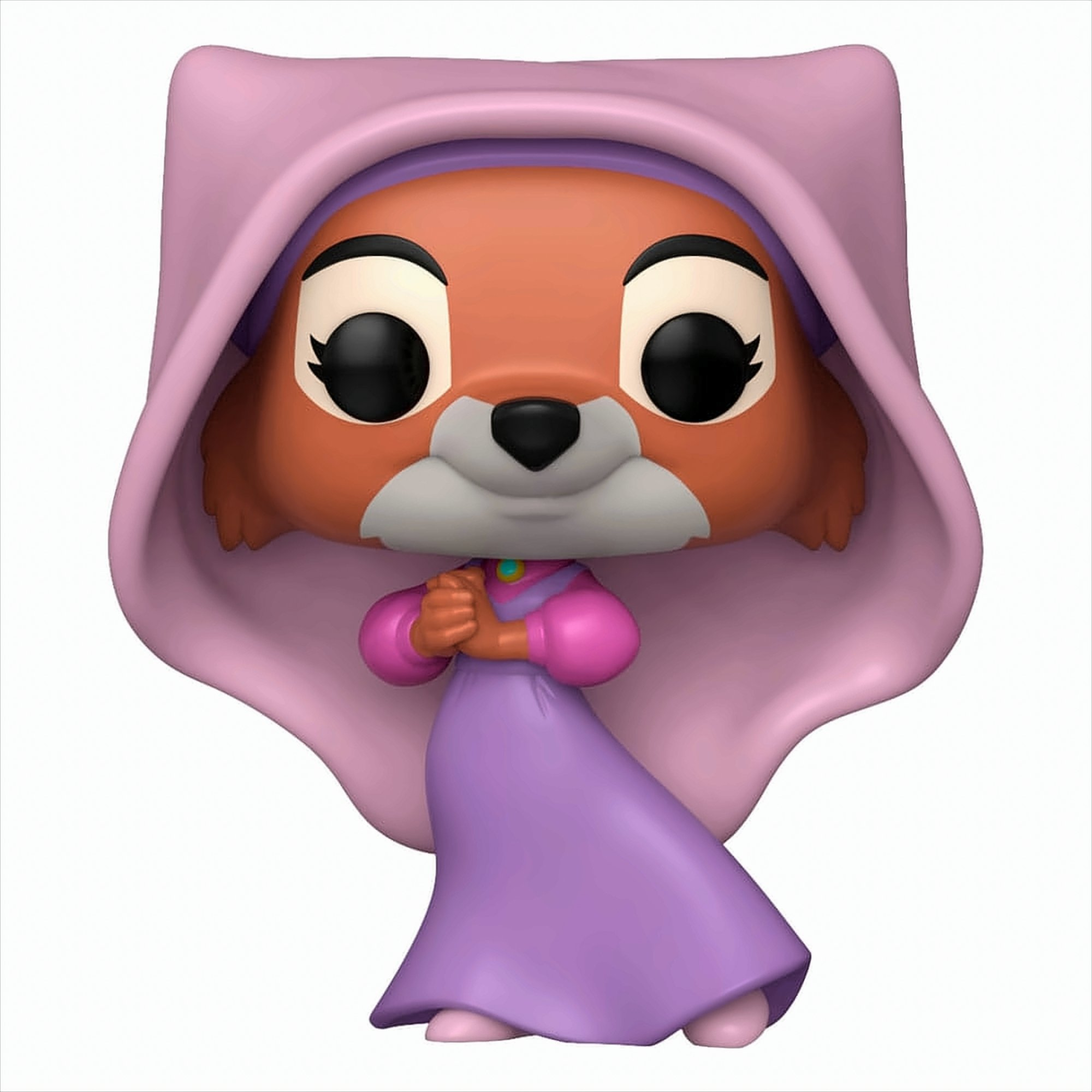 Funko Pop von Maid Marian aus Robin Hood, in Rosa mit Kapuze. Lächelndes Gesicht.