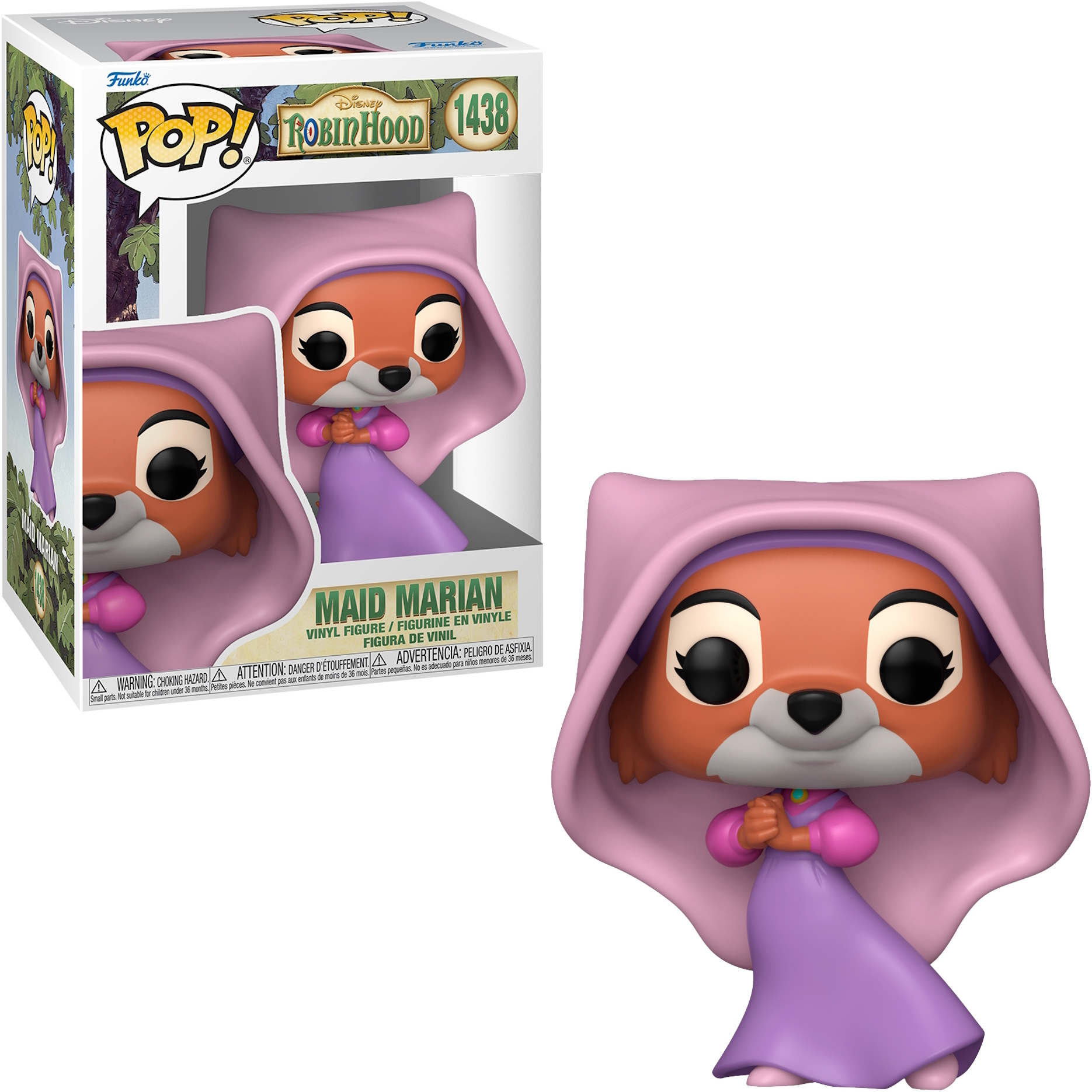 Maid Marian Funko Pop Figur in Box. Brauner Fuchs, rosa Kapuze und Kleid.
