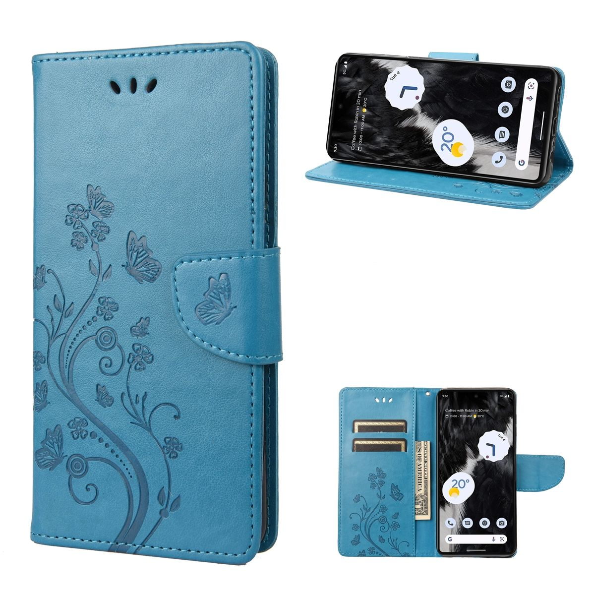 Blaue Handyhülle mit Telefon. Verziert mit Schmetterlingen. Zeigt Kartenfächer.