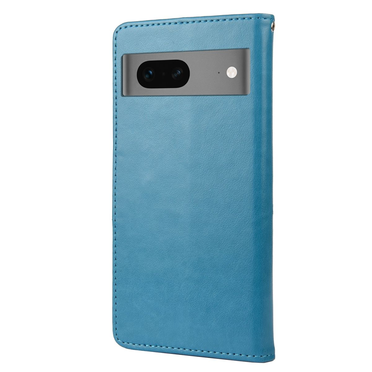 Blaue Handyhülle. Das Telefon ist darin. Schwarzer Hintergrund.