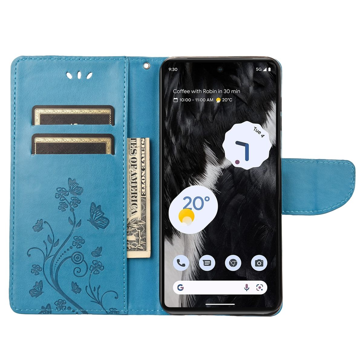 Blaue Handyhülle mit Telefon, das einen Zeitplan zeigt.