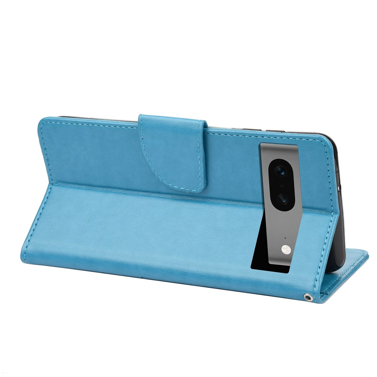 Blaue Handyhülle offen, mit Telefon und Kamera, weißer Hintergrund.