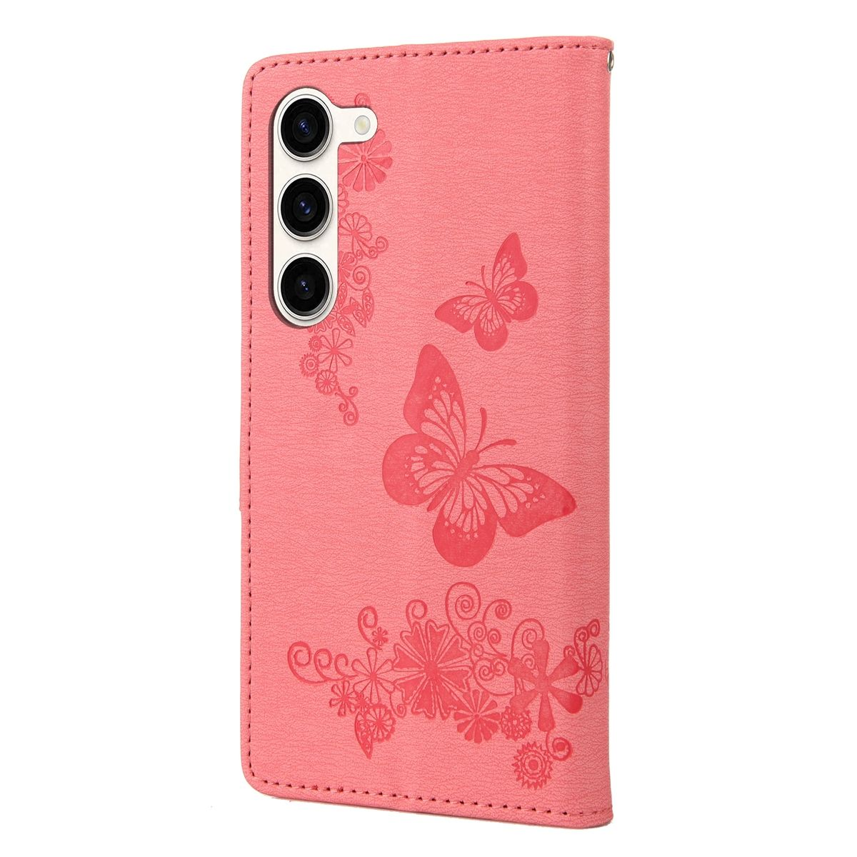 Rosa Handyhülle mit Schmetterlingsdesign. Schmetterlinge und Blumenmuster sind auf dem Etui.
