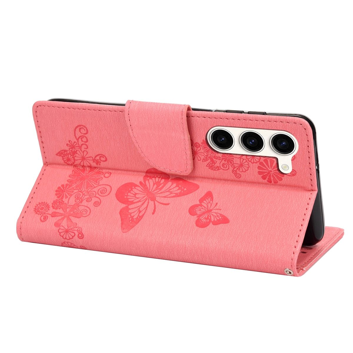 Rosa Handyhülle mit Schmetterlingsdesign, geöffnet, zeigt ein Telefon.
