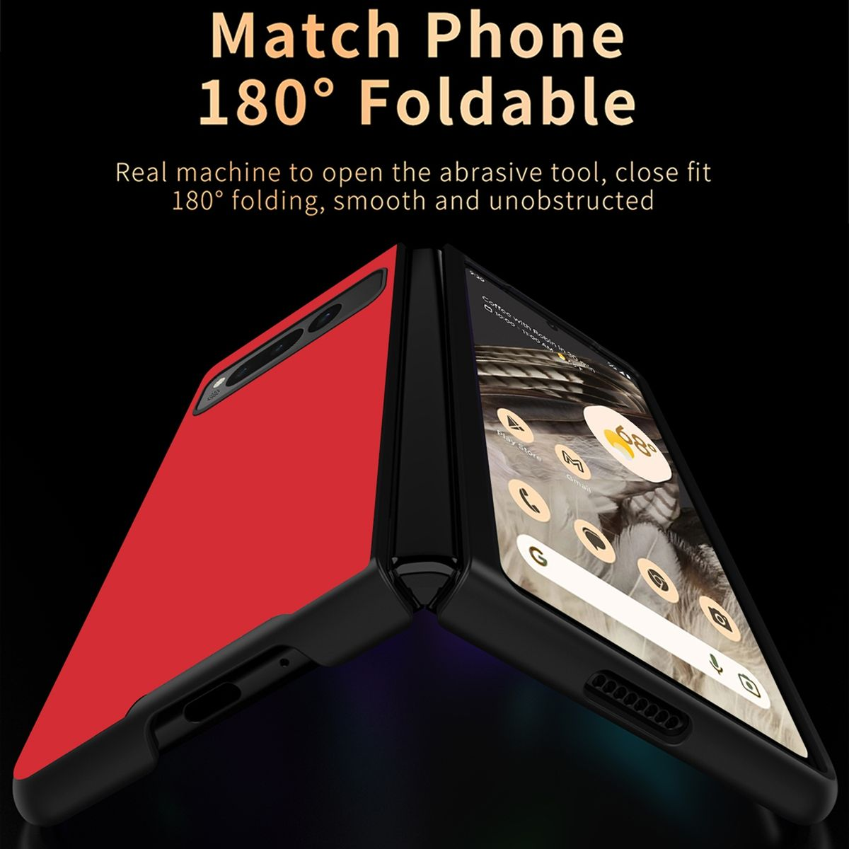 Eine rote Handyhülle wird aufgeklappt und zeigt den Telefonbildschirm. Der Text lautet 'Match Phone 180° Foldable'.