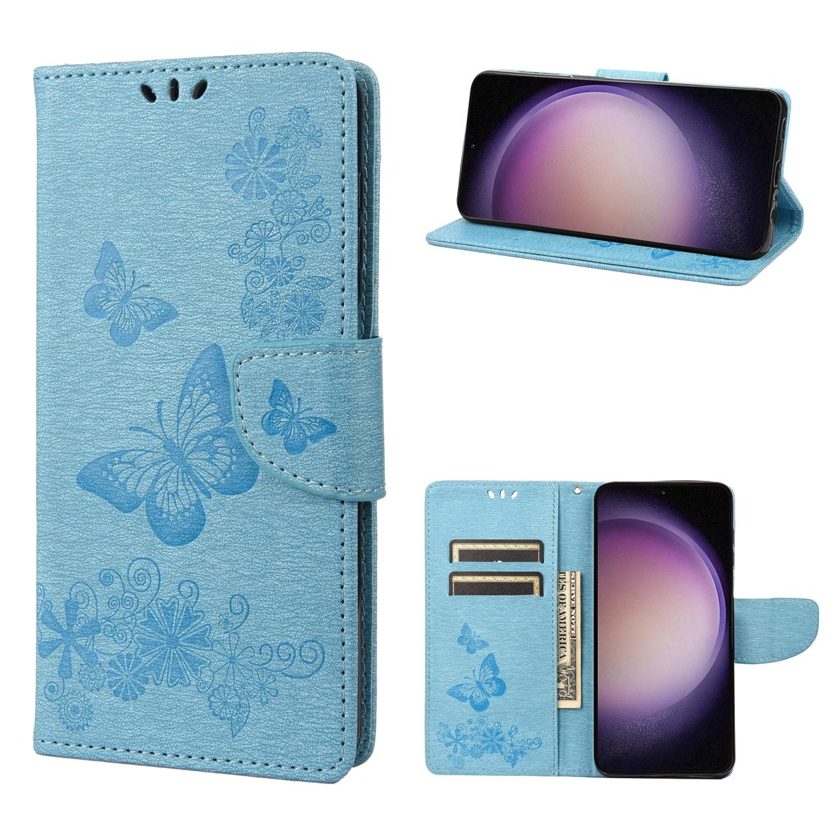 Blaue Handyhülle mit Schmetterlingsdesign. Vorderansicht, offen und Rückansicht. Hält Telefon mit Kartenfächern. Lederstruktur.