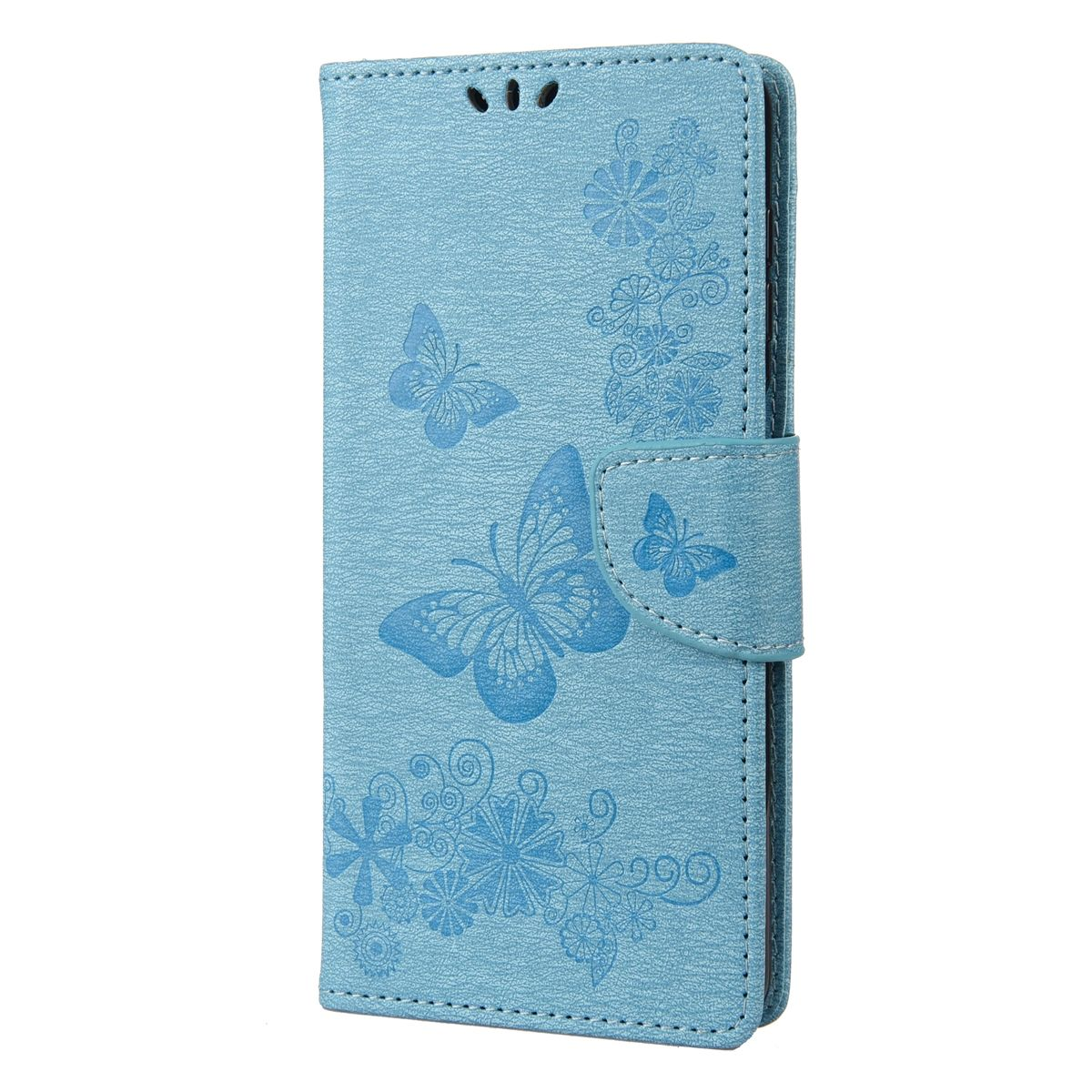 Hellblaue Handyhülle mit Schmetterlings- und Blumendesigns, geschlossen und mit Verschluss.