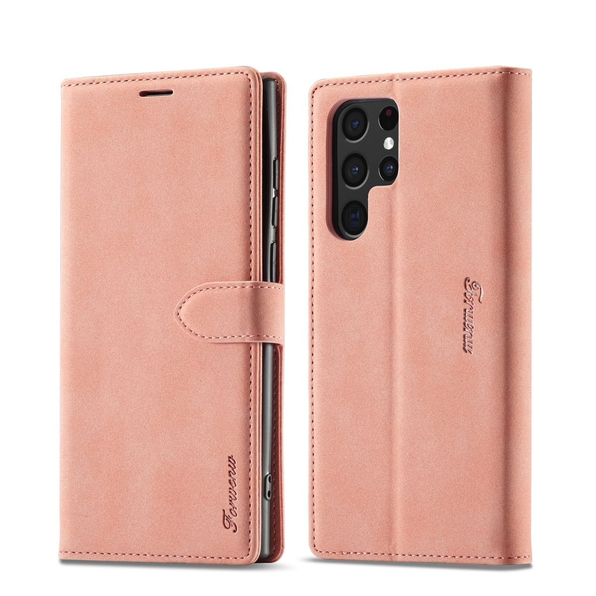 Rosa Handyhülle und Telefon. Die Hülle ist geschlossen und offen, Telefon sichtbar.