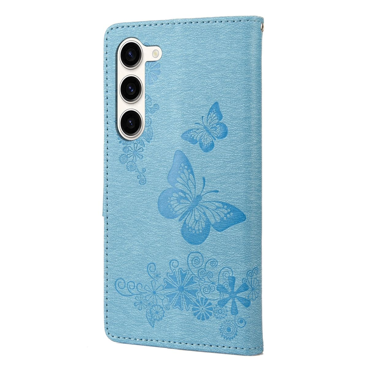 Eine hellblaue Handyhülle mit Schmetterlingsdesign, die die Rückseite eines Telefons zeigt.