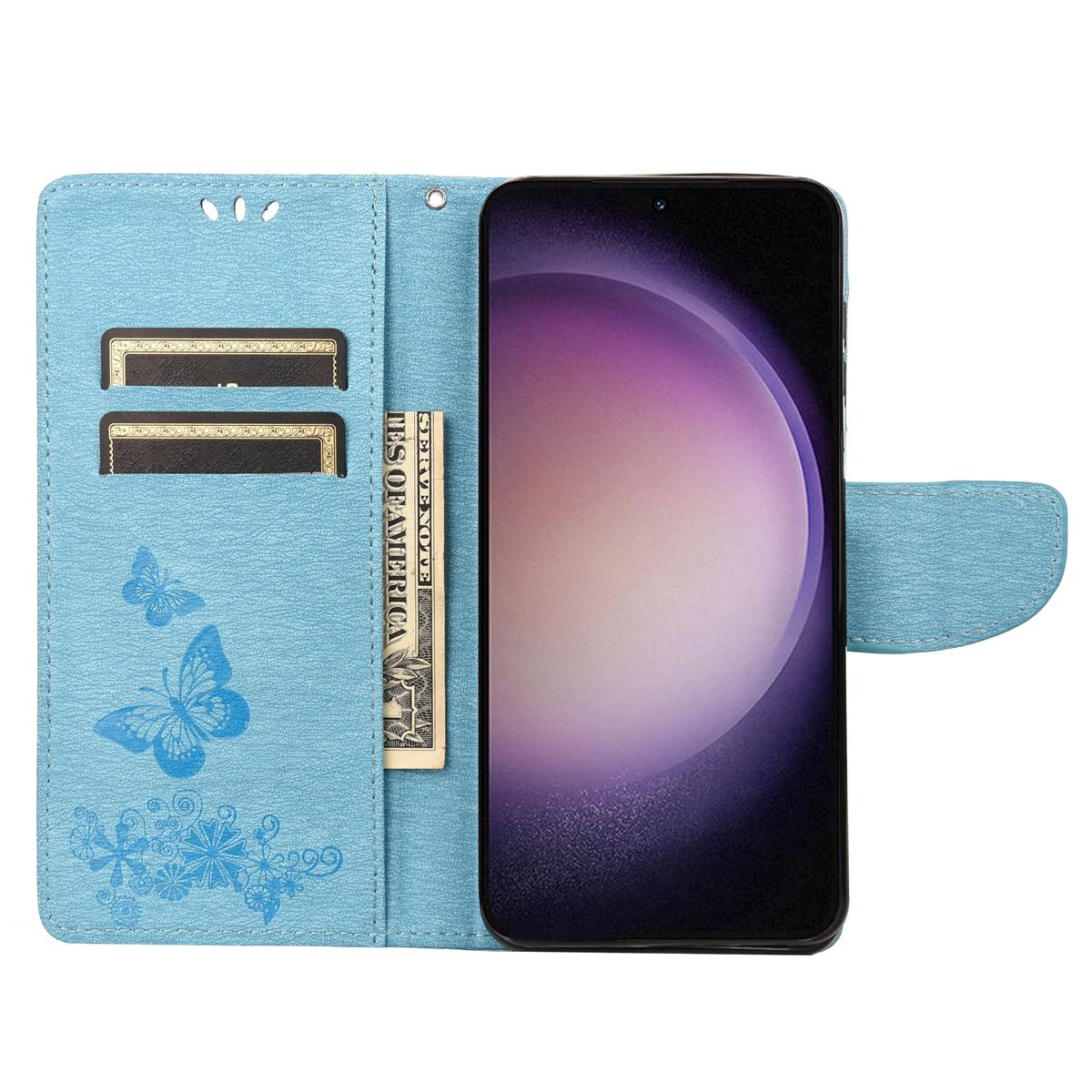 Hellblaue Handyhülle mit Schmetterlingsdesign, Telefon und Kartenfächern.