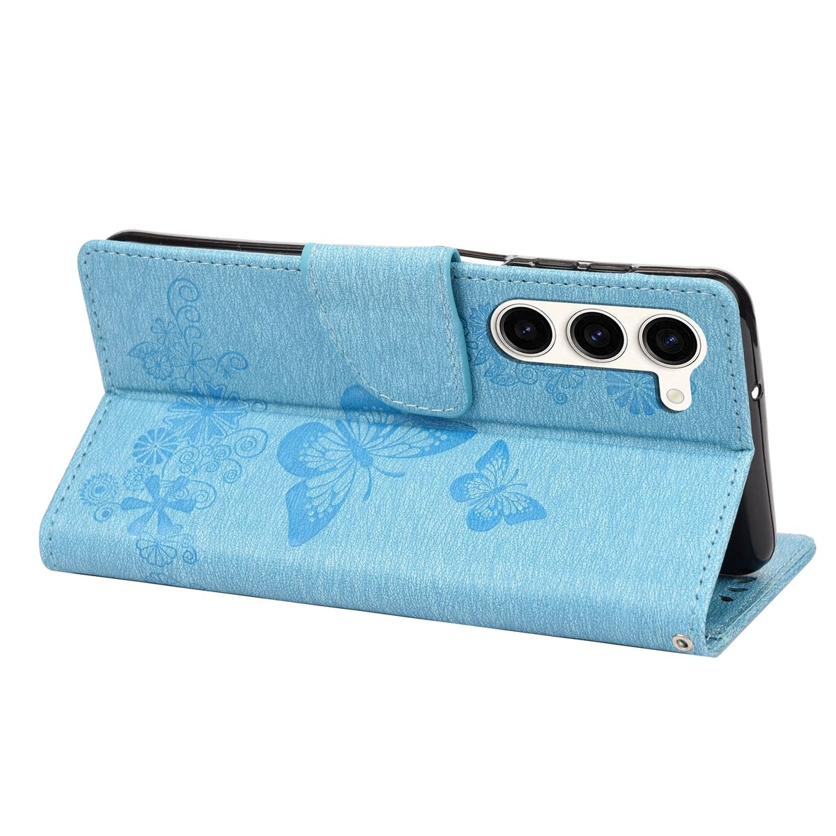 Blaue Handyhülle mit Schmetterlingen. Telefon ist sichtbar.