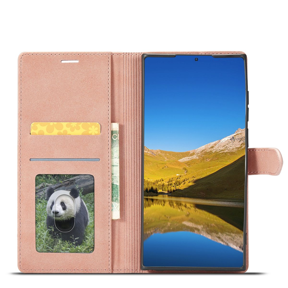 Rosa Handyhülle mit Panda-Bild. Es hat Kartenfächer und einen Geldschlitz und ein Telefon rechts.