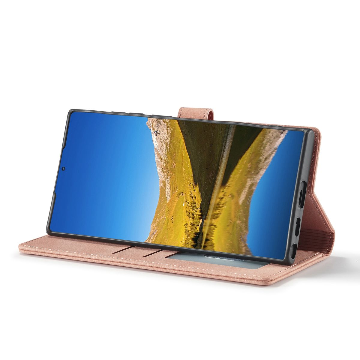 Eine rosa Handyhülle, geöffnet, zeigt ein Telefon mit Landschaftsansicht auf dem Bildschirm.