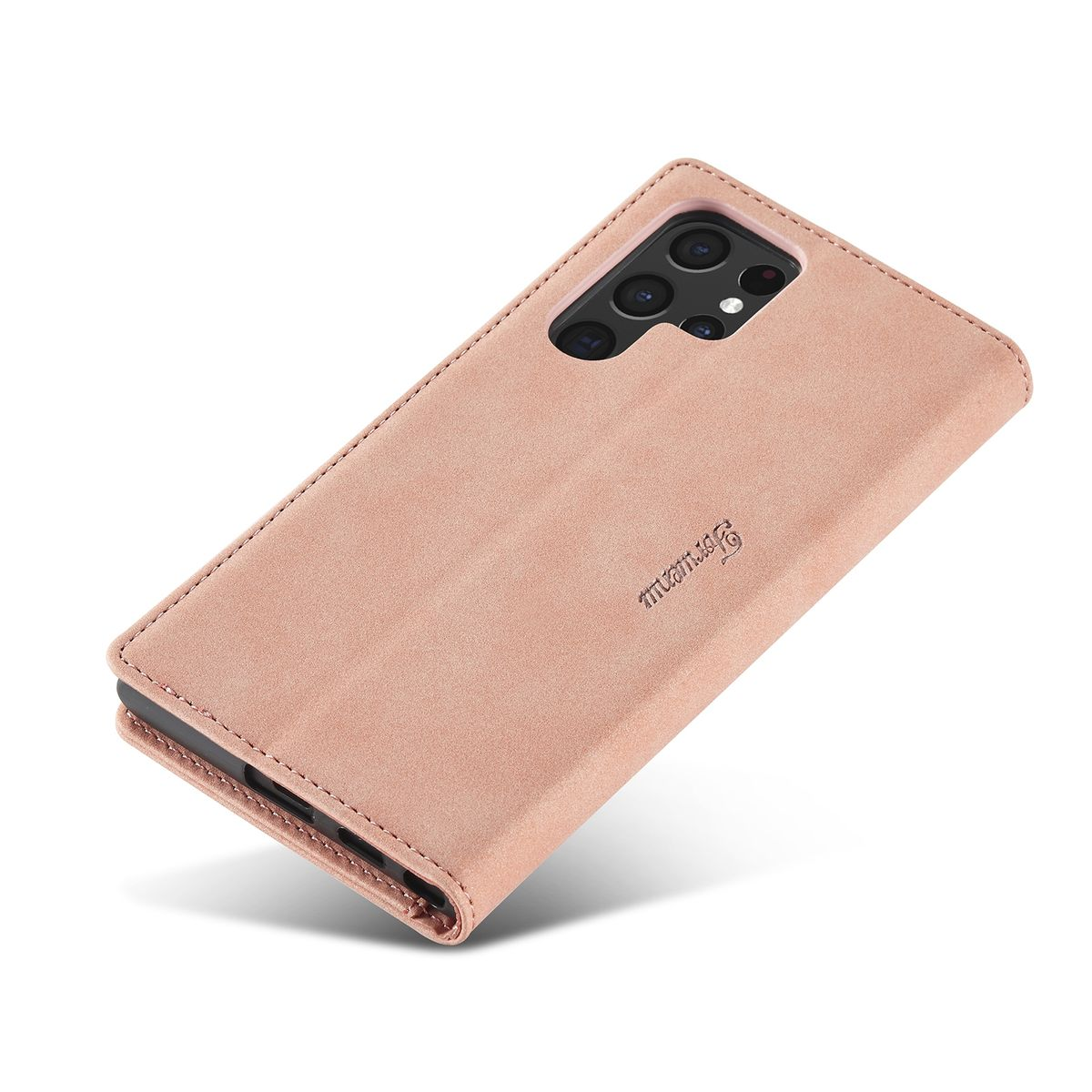 Rosa Handyhülle mit genähtem Rand, mit einem Telefon darin.