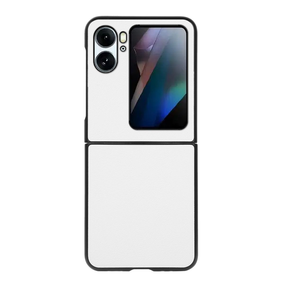 Eine weiße Handyhülle mit schwarzem Rand, die ein Telefon mit Kamera zeigt.