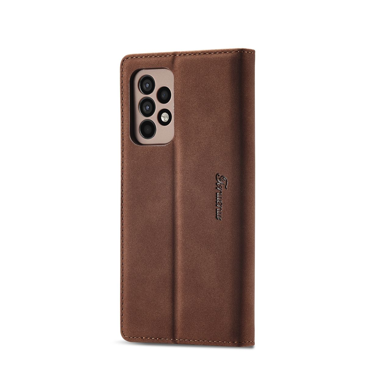 Geschlossene braune Handyhülle mit Telefon. Das Etui hat das Wort "Finice" in Gold. Die Hülle ist braun.