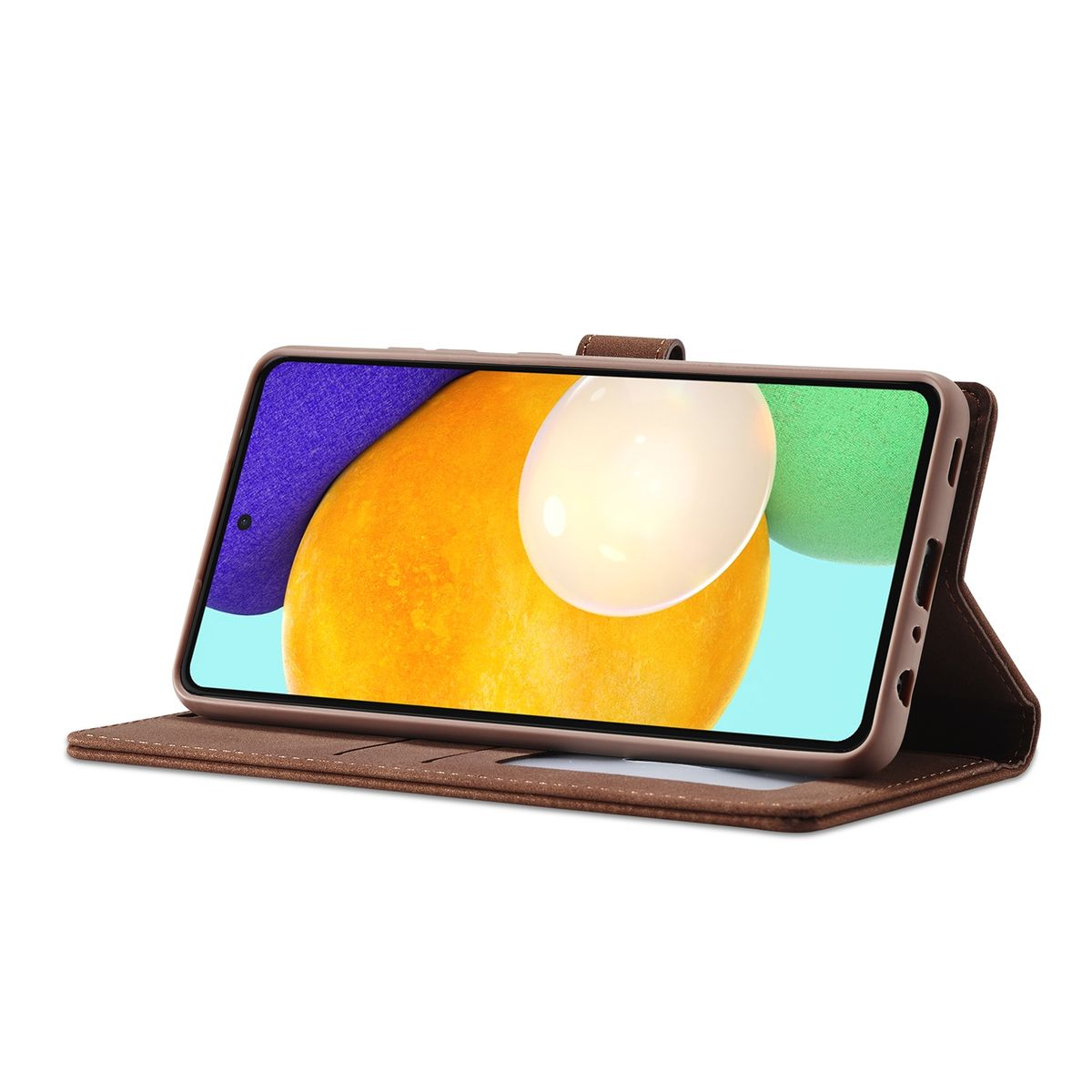 Braune Handyhülle, offen, mit Telefon darin. Die Hülle zeigt den Telefonbildschirm.