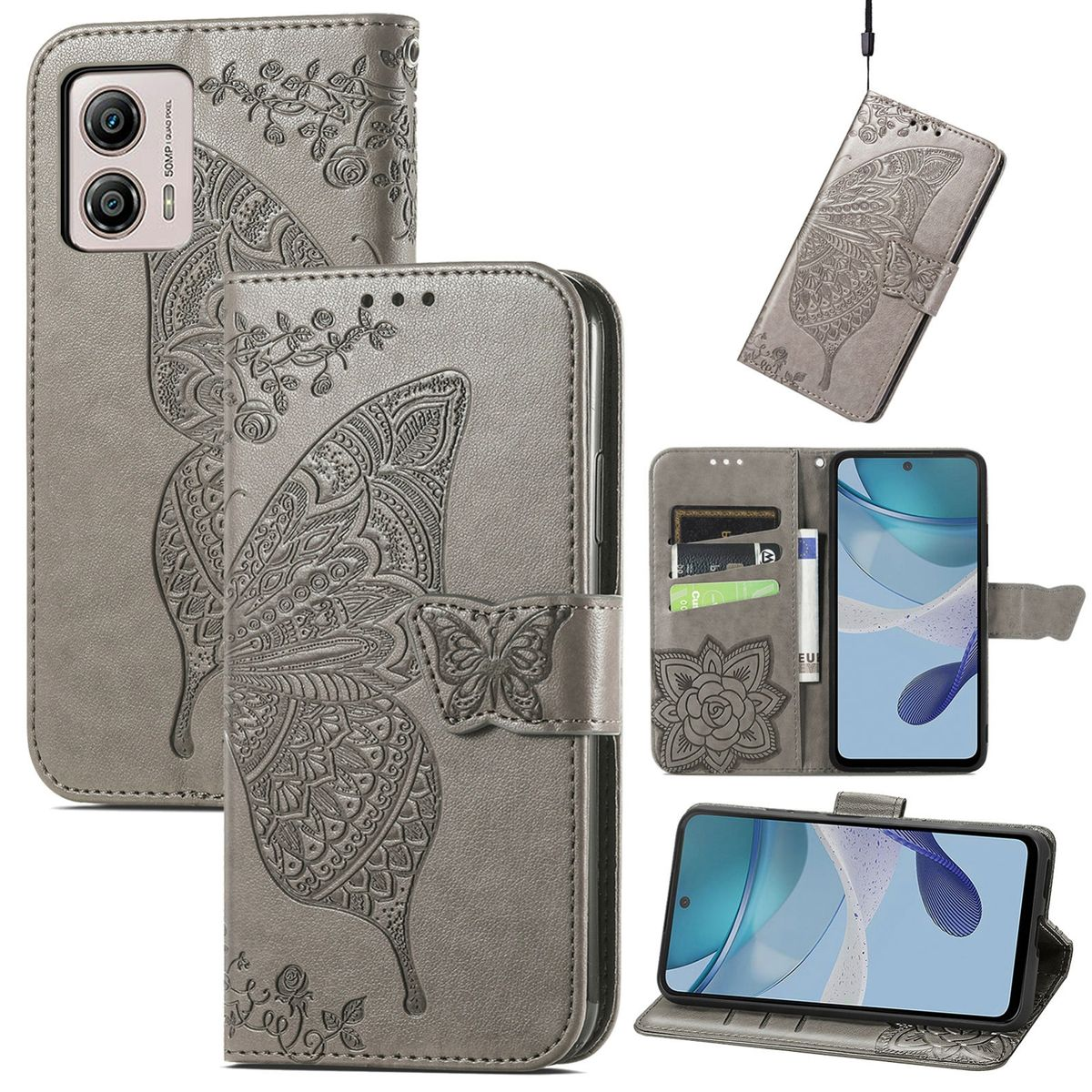 Graue Handyhülle mit Schmetterlingsdesign. Telefon ist drin, mit mehreren Ansichten. Blumen-Details.
