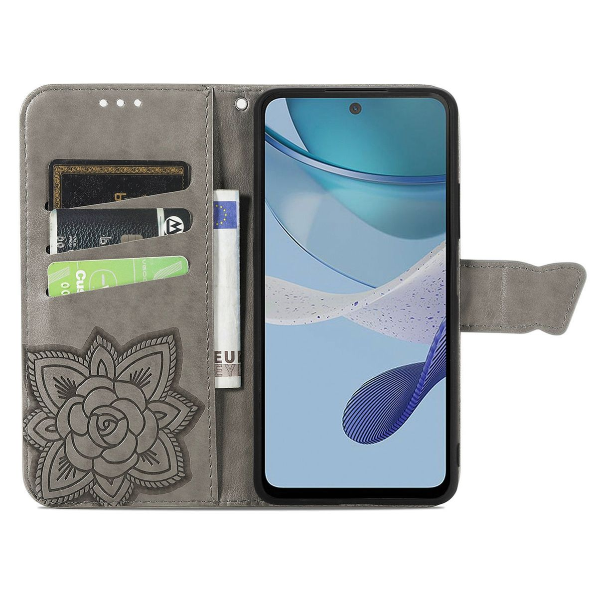 Graue Telefon-Geldbörsenhülle mit floralem Design und Karten-/Geldfächern.