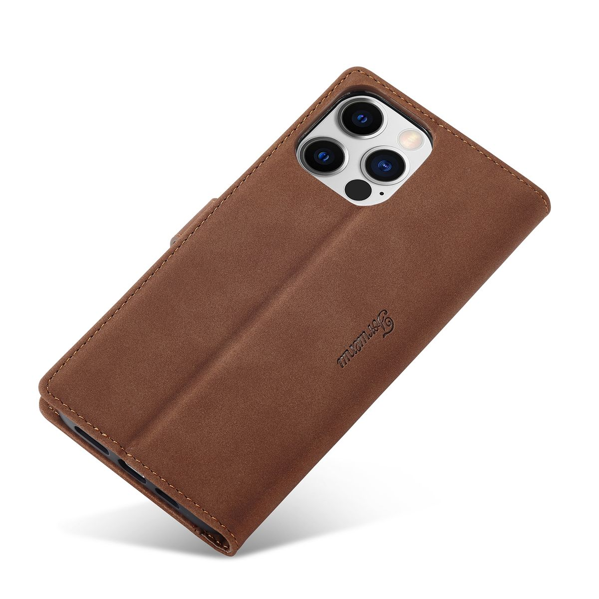 Eine braune Handyhülle wird mit dem Telefon darin gezeigt. Die Hülle ist offen und ledertexturiert.