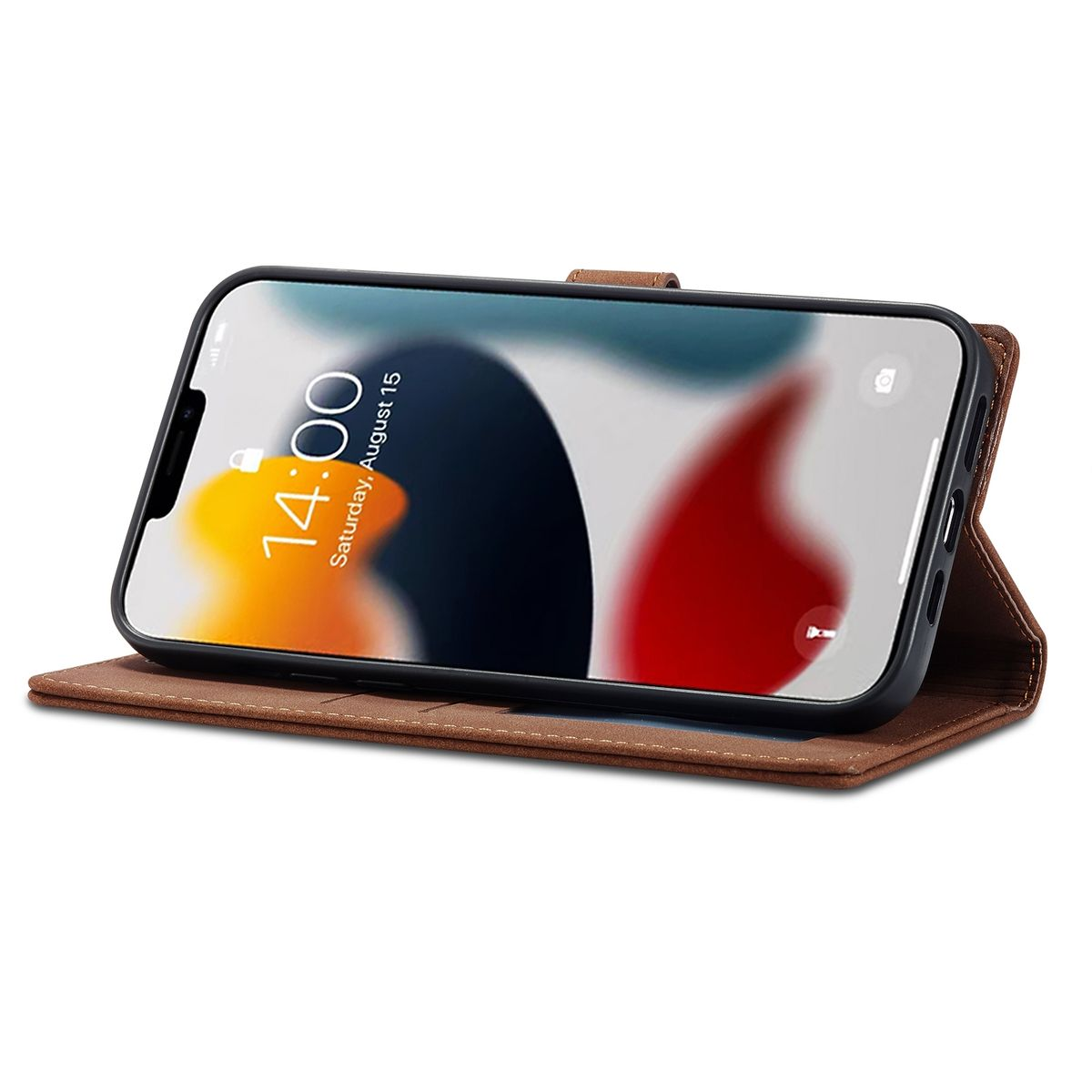 Geöffnete braune Handyhülle. Ein Telefon ist darin. Zeigt eine Zeitanzeige. Braunes, lederartiges Material.
