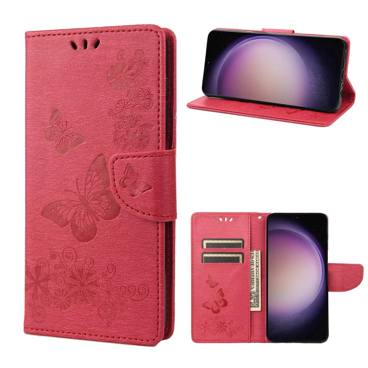 Rote Handyhülle mit Schmetterlingen, offen, mit Telefon und Kartenfächern. Geprägtes Schmetterlingsdesign.