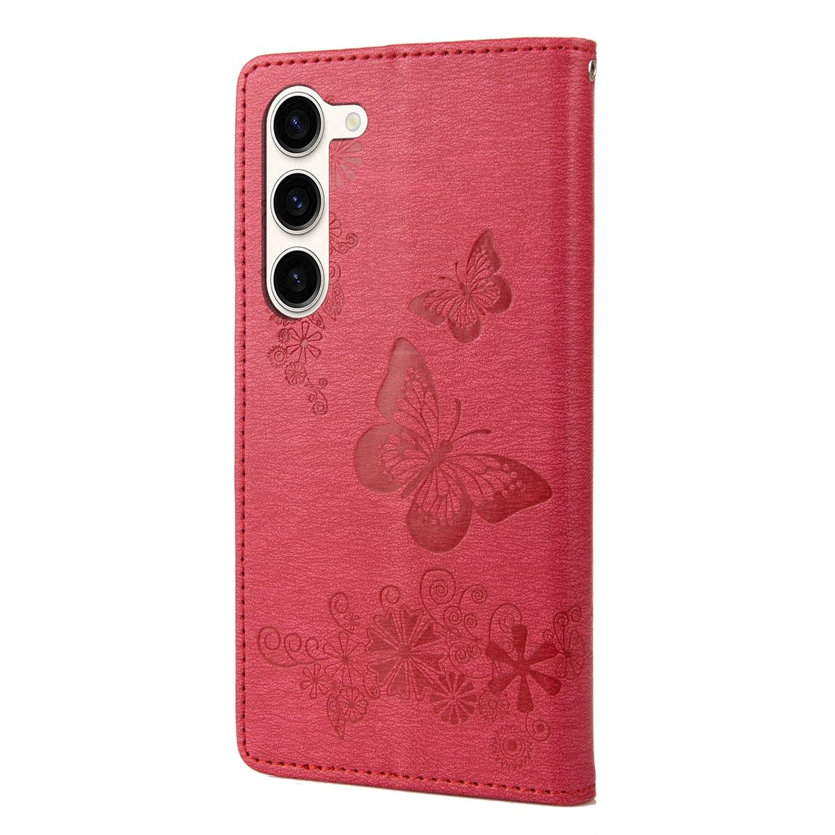 Rote Handyhülle mit geprägten Schmetterlingen und Blumen. Das Telefon ist nicht sichtbar.