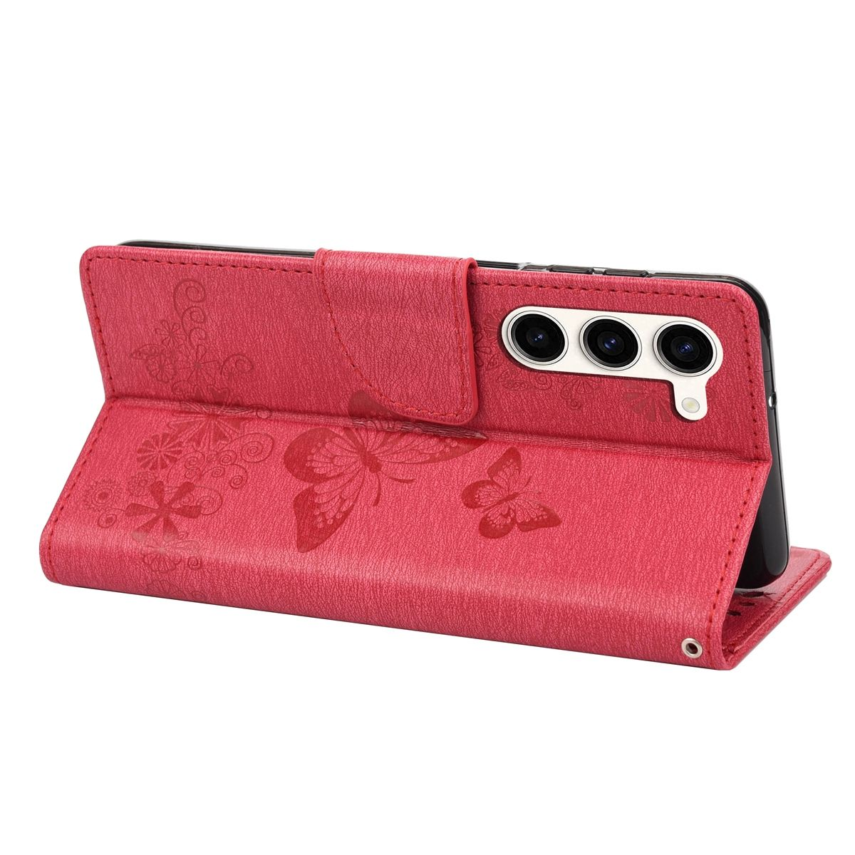 Rote Handyhülle, offen, mit Schmetterlings- und Blumendesign. Telefon ist innen sichtbar.