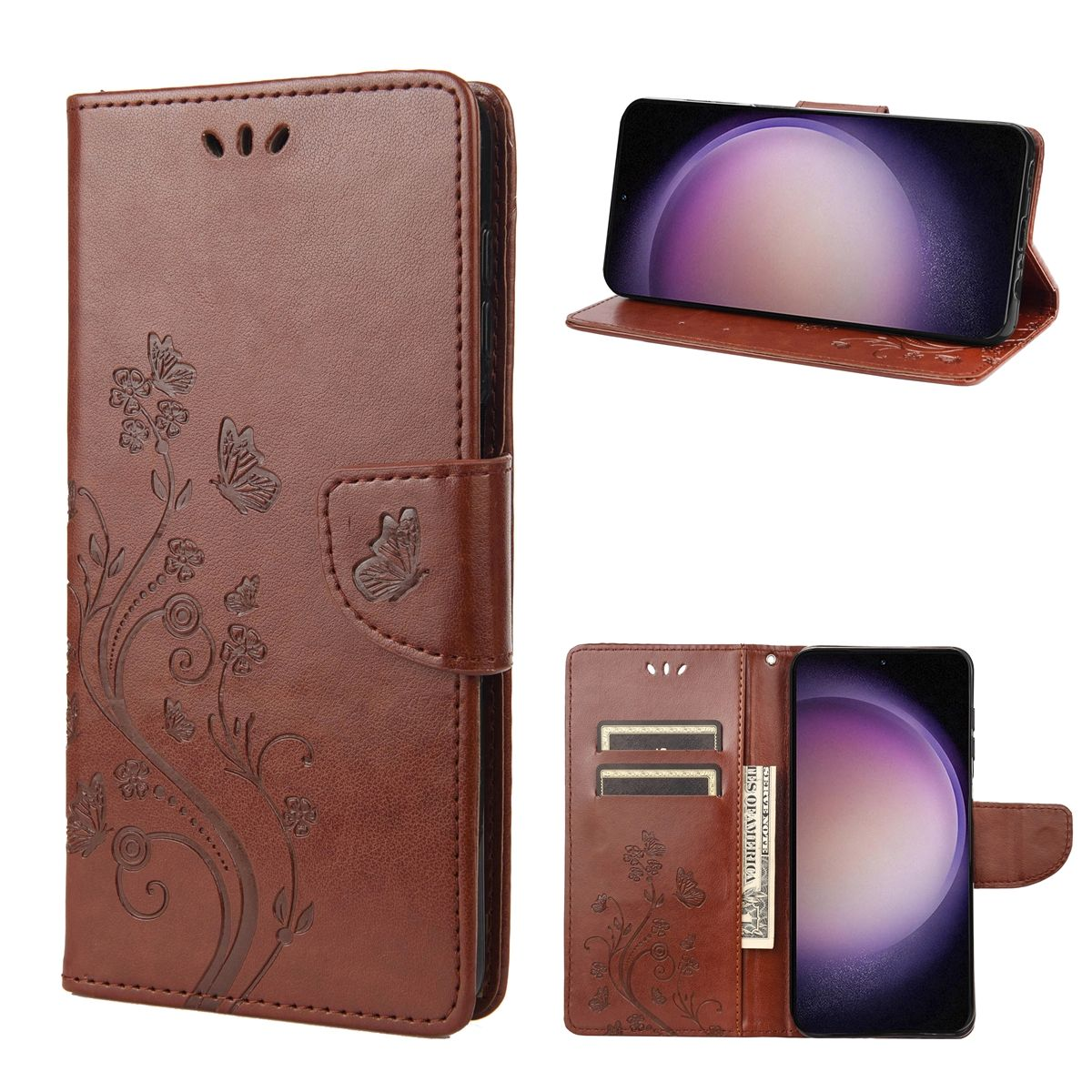 Braune Handyhülle mit Schmetterlingsdesign. Telefon innen sichtbar. Andere Ansichten zeigen offene Hülle mit Karten.