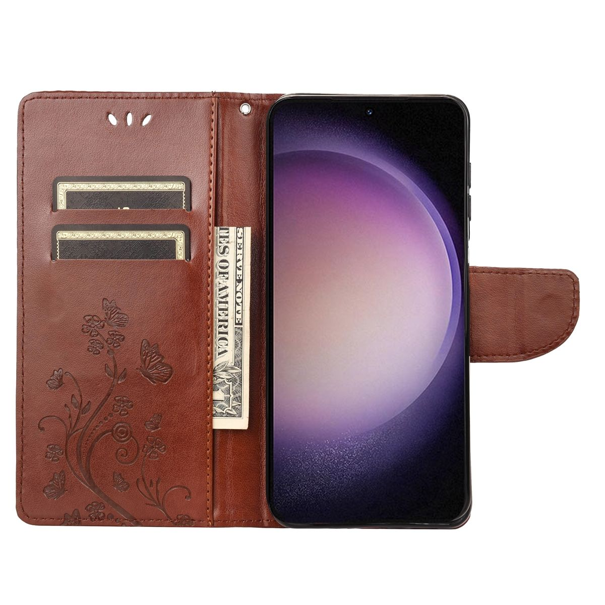 Geöffnete braune Leder-Handyhülle mit Telefon, Geld und Kartenfächern.