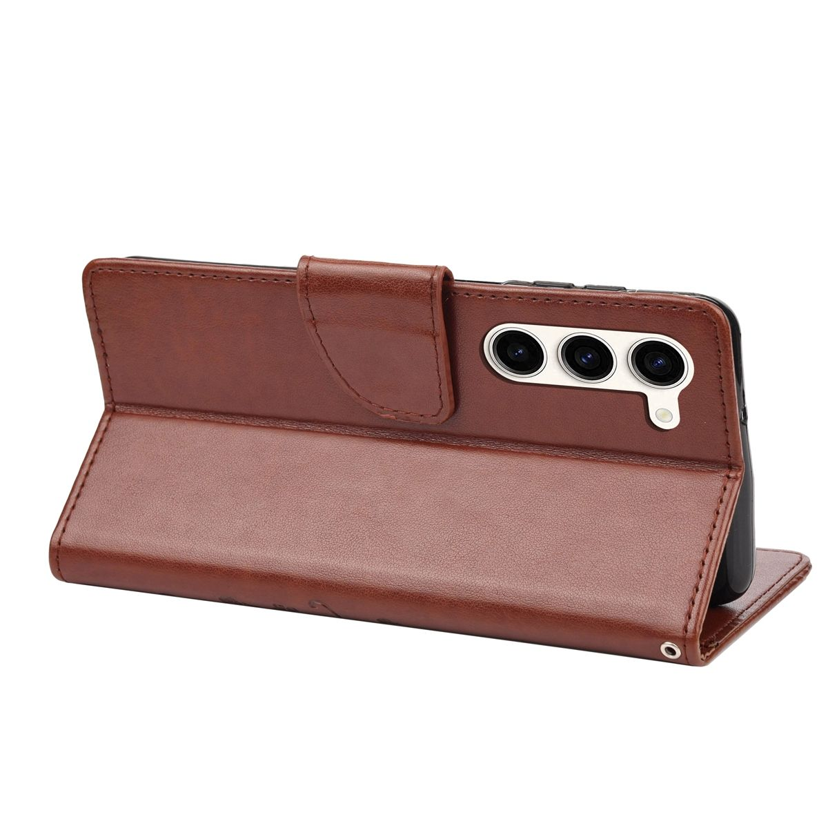 Geöffnete braune Leder-Handyhülle. Ein Telefon ist darin, mit Kartenfach und Deckelklappe.