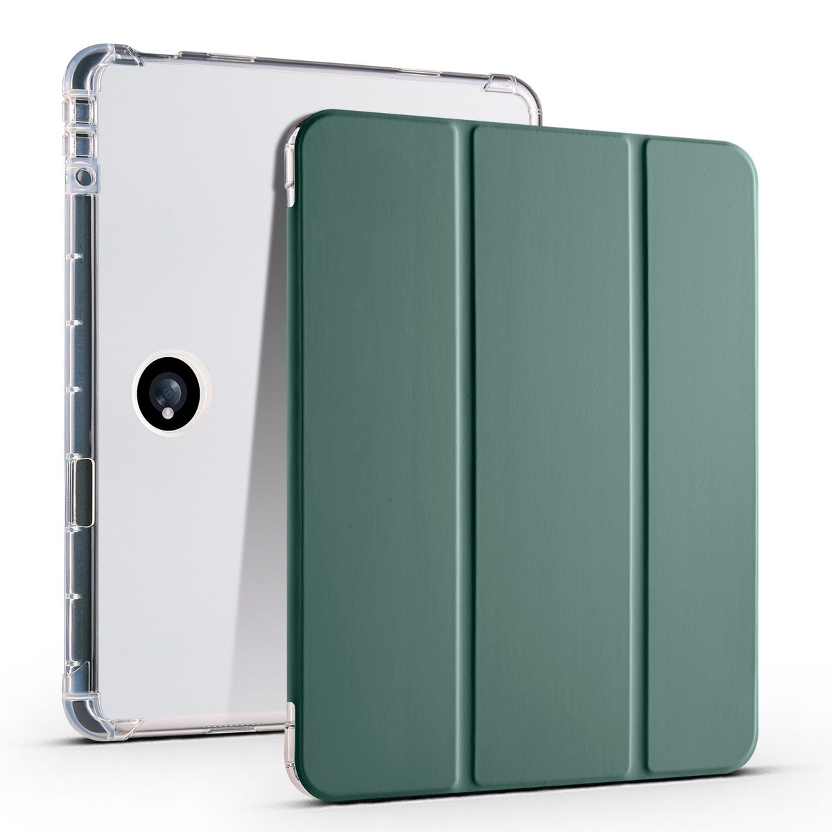 Tablet mit transparentem Case und grüner Abdeckung, offen gezeigt. Weißer Hintergrund.