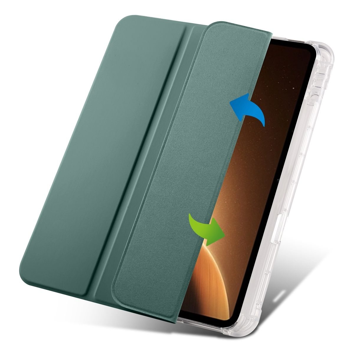 Grüne Tablet-Hülle, offen. Pfeile zeigen das Öffnen und Schließen an. Tablet-Bildschirm teilweise sichtbar. Schutzhüllen-Design.