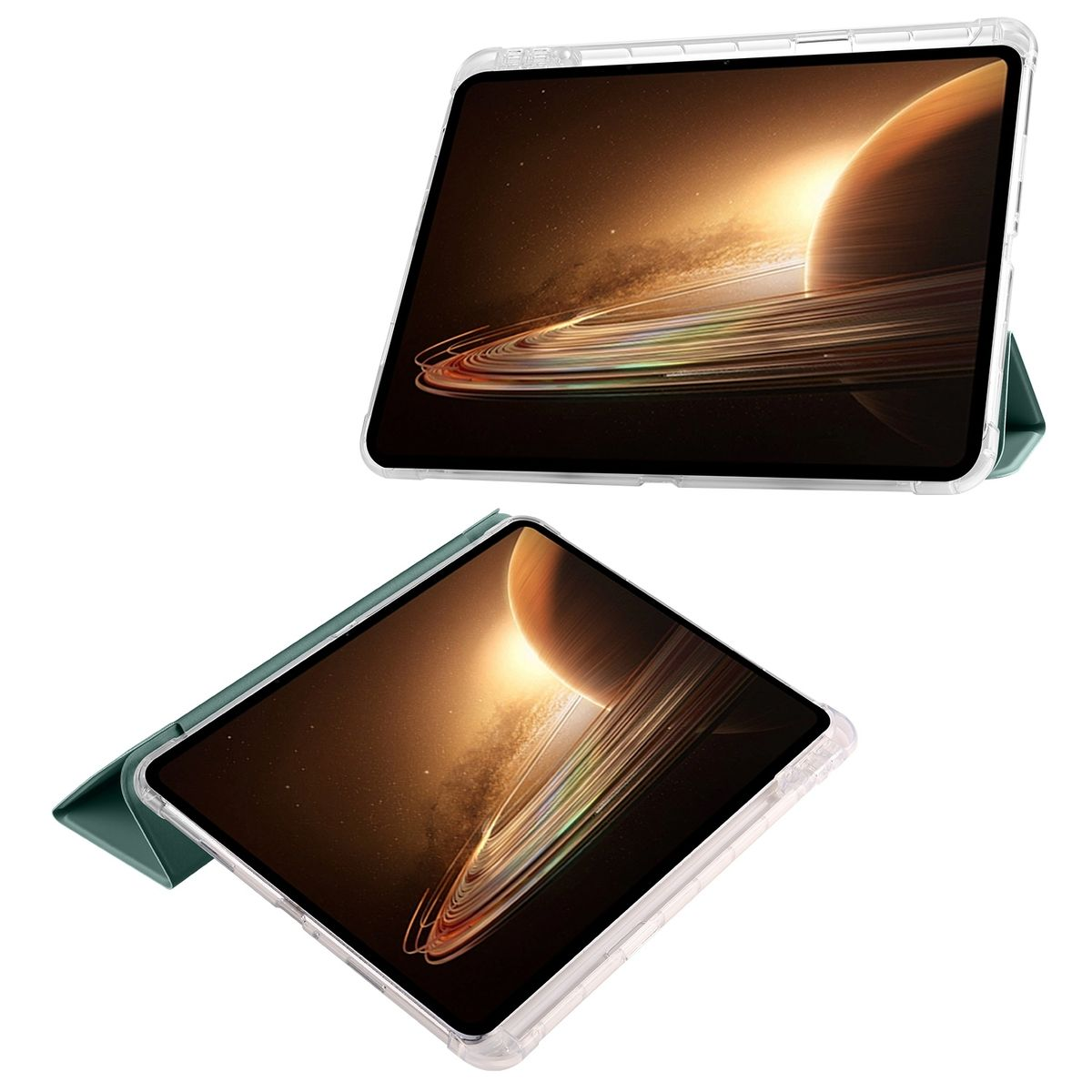 Tablet in einer Hülle. Zeigt zwei Ansichten. Eine mit geöffneter, abgewinkelter Hülle. Die andere mit geschlossener, aufrechter Hülle.