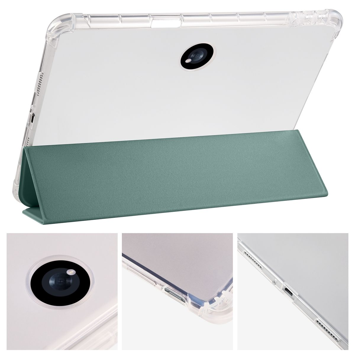 Tablet mit durchsichtiger Hülle und Ständer. Der Ständer ist grün.