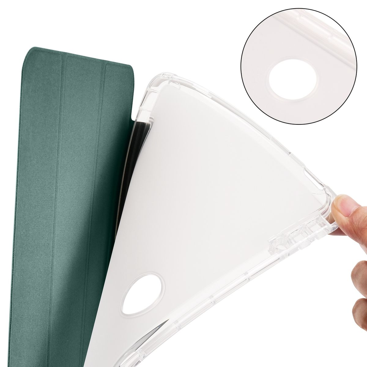 Transparente Handyhülle, wobei die Hülle geöffnet ist. Eine Hand hält eine Handyhülle.
