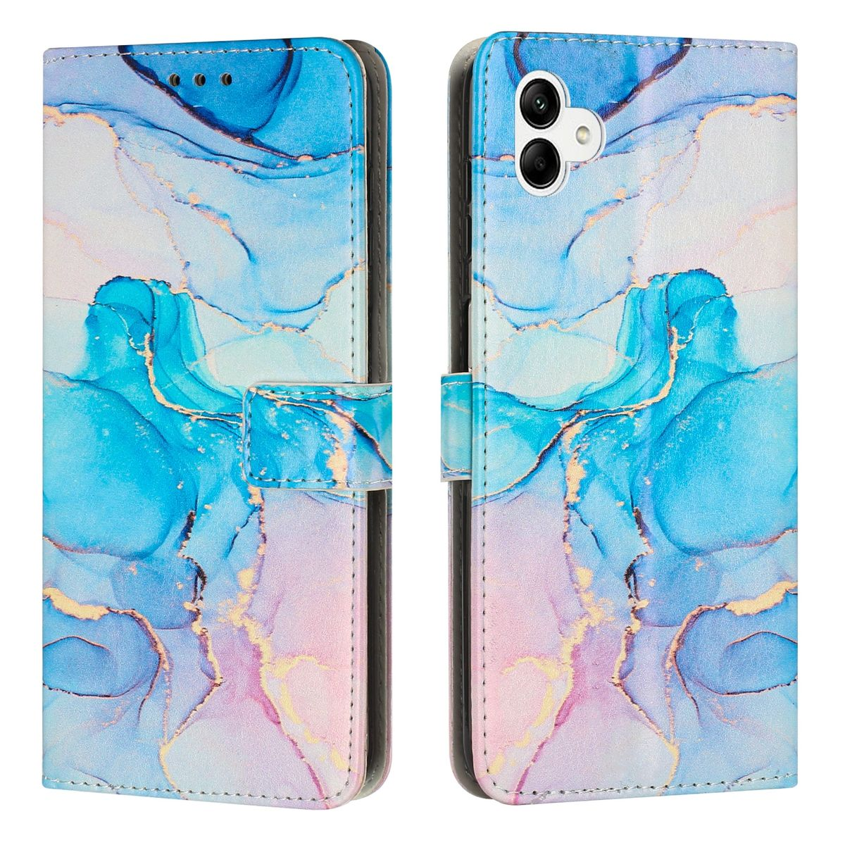 Geöffnete Handyhülle mit blauem Marmormuster. Telefon rechts. Enthält einen Magnetverschluss.