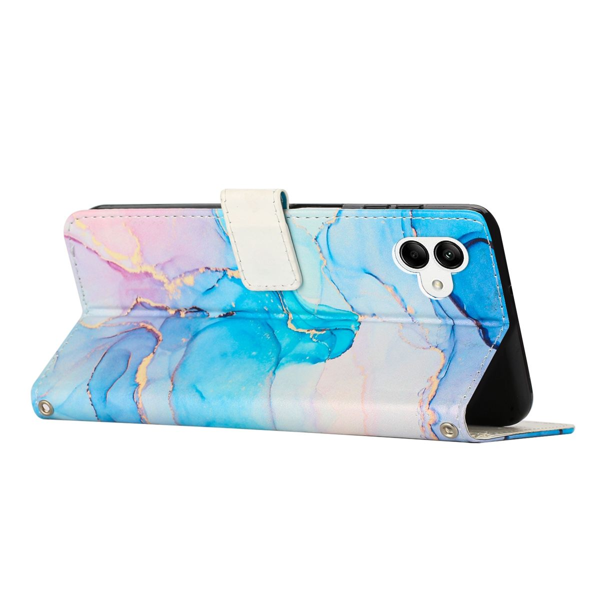 Eine Handyhülle mit Marmordesign. Das Telefon befindet sich in der Hülle. Weißer Hintergrund.