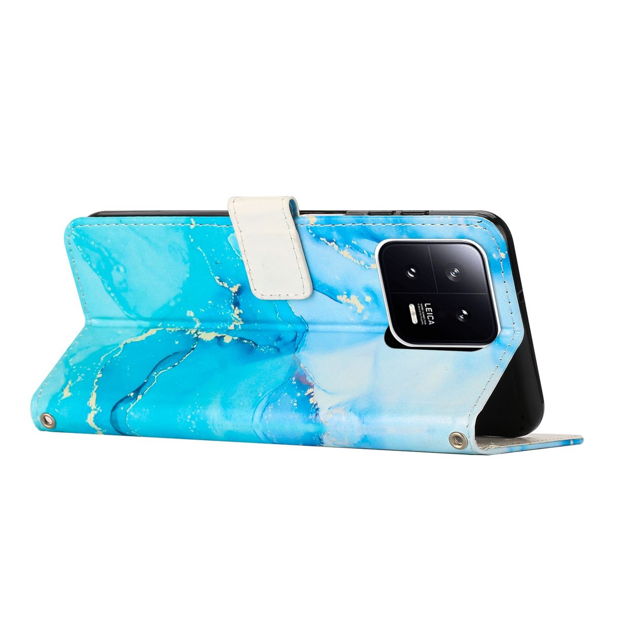 Offene Handyhülle mit blauem Marmordesign, mit einem Telefon darin.