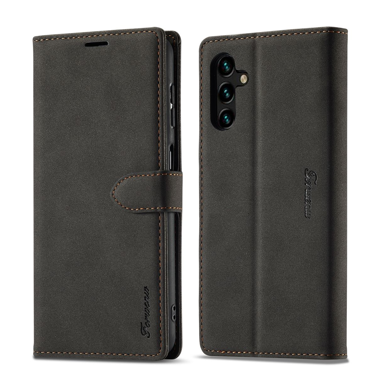 Dunkelbraune Handyhülle, offen, um das Telefon zu zeigen. Detaillierte Nähte. Text: Forwena. Telefon hat eine Dreifach-Kamera.