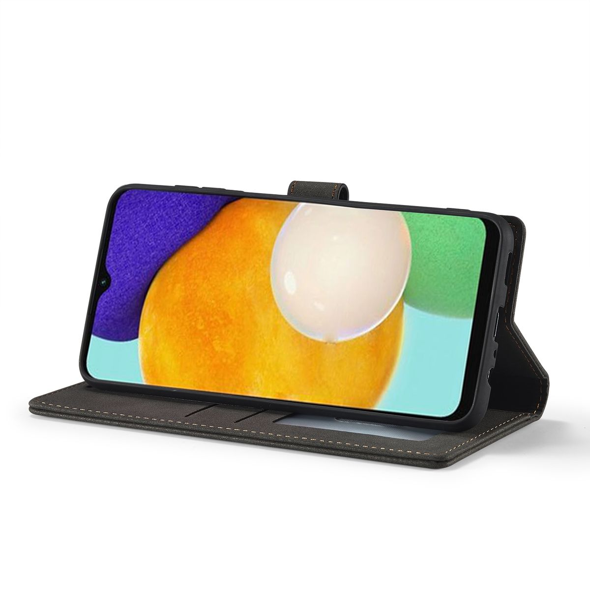 Telefon in einer Brieftaschenhülle mit farbenfrohem Bildschirm.