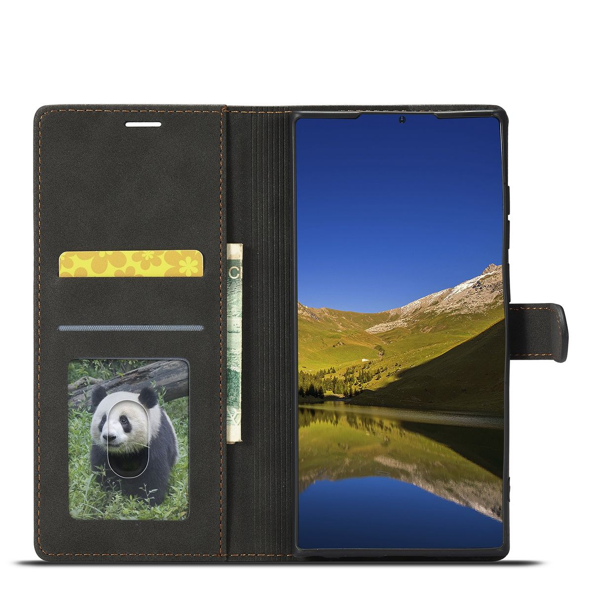 Eine Handyhülle mit einem Pandabild und einem Telefon mit Landschaftsansicht. Schwarze Farbe.