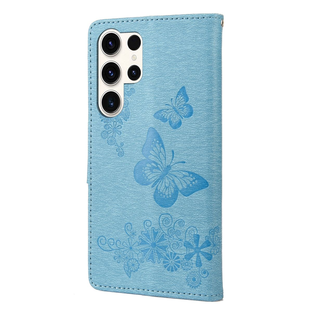 Blaue Handyhülle mit Schmetterlingsdesign. Weißer Hintergrund.