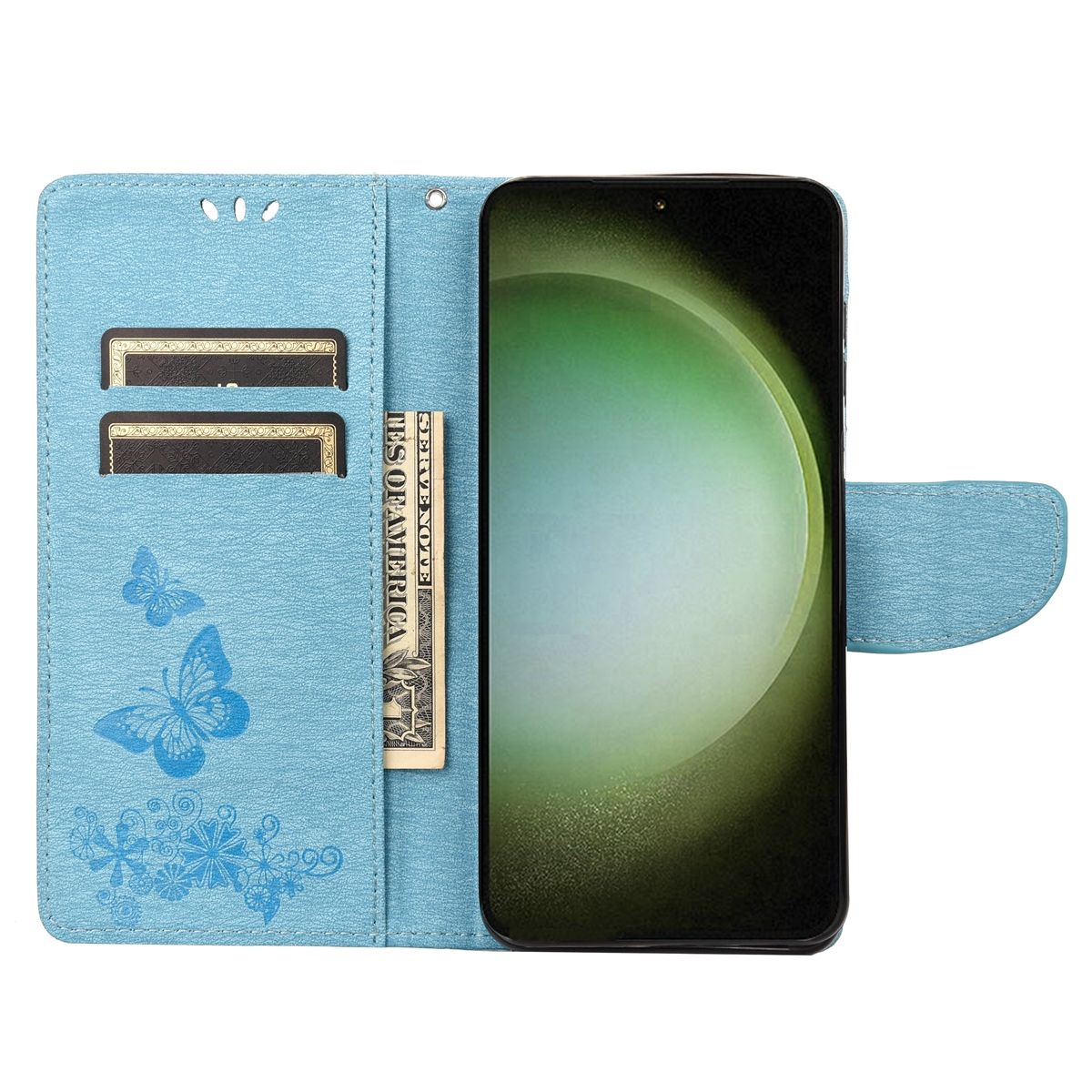 Blaue Handyhülle mit floralem Design. Ein Dollarschein ist sichtbar.