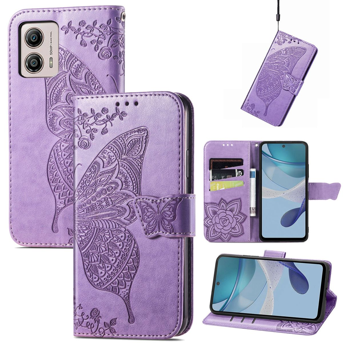 Lila Handyhülle mit Schmetterlingsdesign, Telefon innen. Mehrere Ansichten.