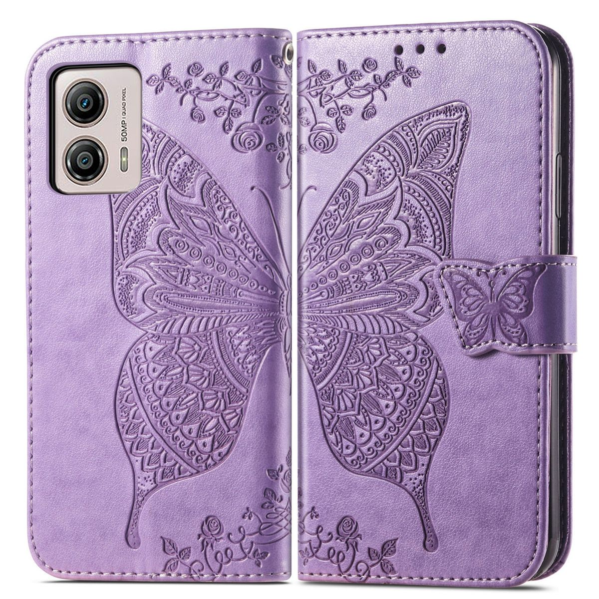 Lila Handyhülle, offen. Großes Schmetterlingsdesign. Florale Elemente.