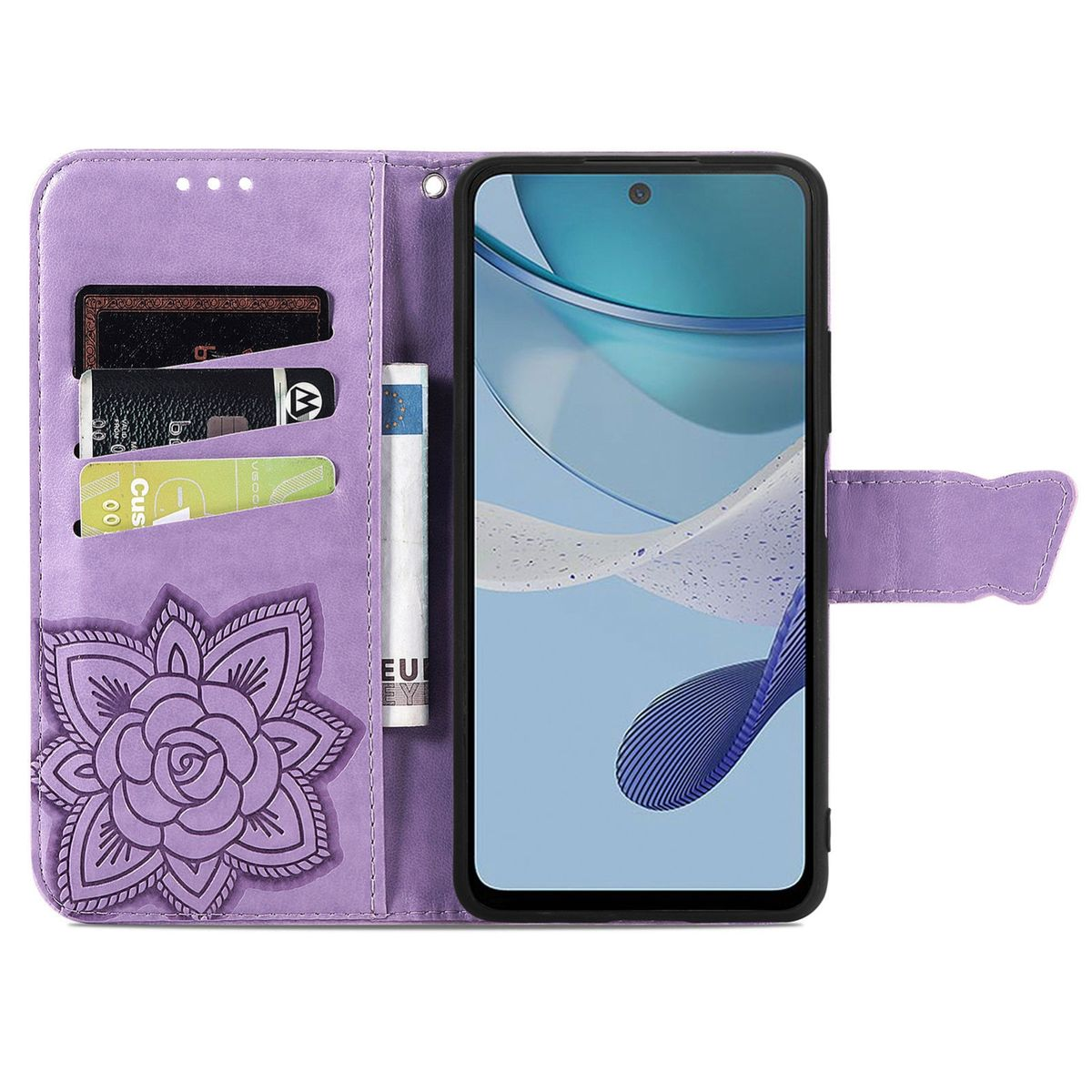 Lila Handyhülle mit Blumendesign und einem Telefon darin.