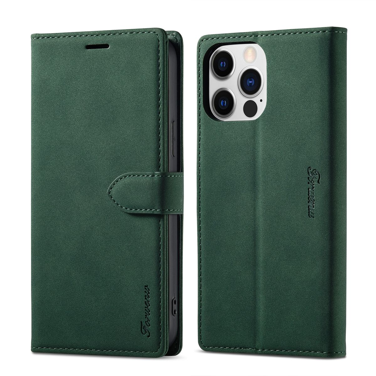 Grüne Leder-Handyhülle, geschlossene und offene Ansichten. Telefon innen mit sichtbaren Knöpfen.