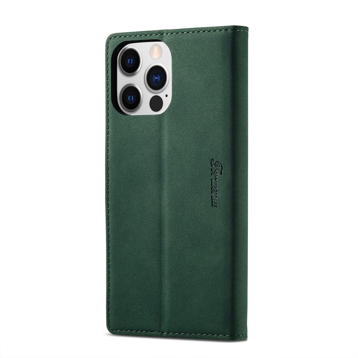 Grüne Leder-Handyhülle, geschlossen, mit Telefon innen.