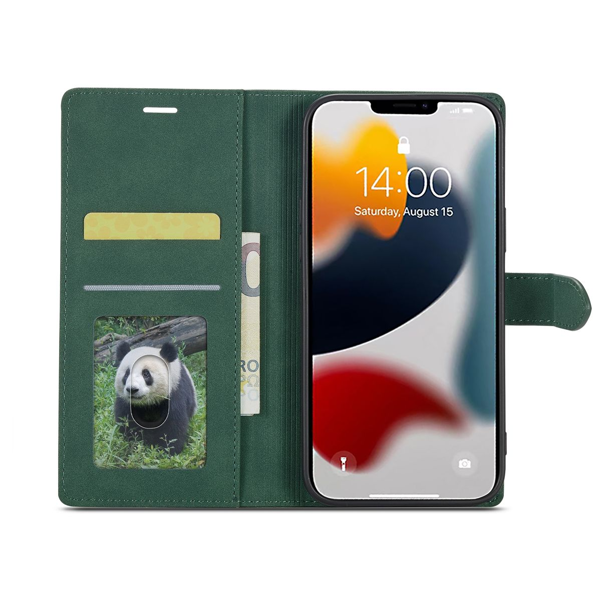 Grüne Handyhülle, offen, zeigt Panda-Bild, Geld und ein Telefon mit einer Uhranzeige.